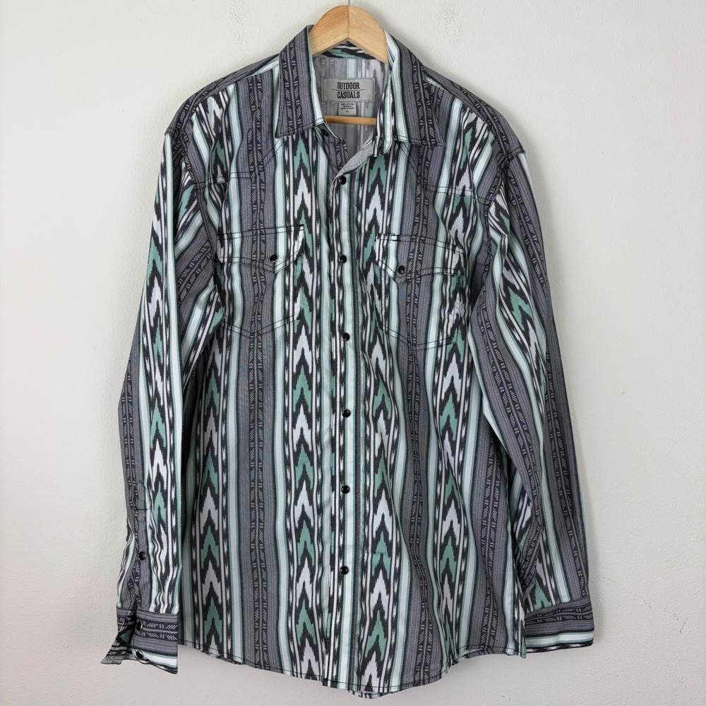 Western Pearl Snap Men's XL Shirt Teal Grey Tribal‎ Ikat Long Sleeve Cowboy